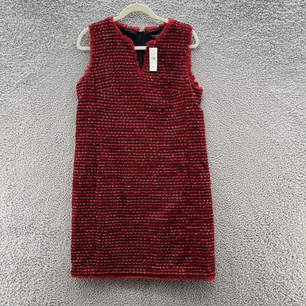Ann Taylor Dress 10 Red Tweed Sleeveless V Neck Shift Fringe Sparkle Party